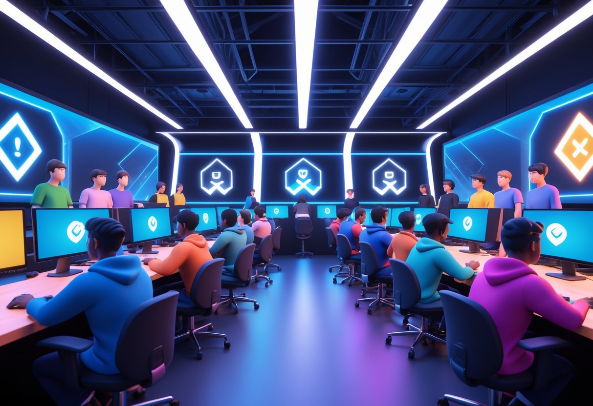 A group of people in a gaming arena playing together and showing teamwork and respect.