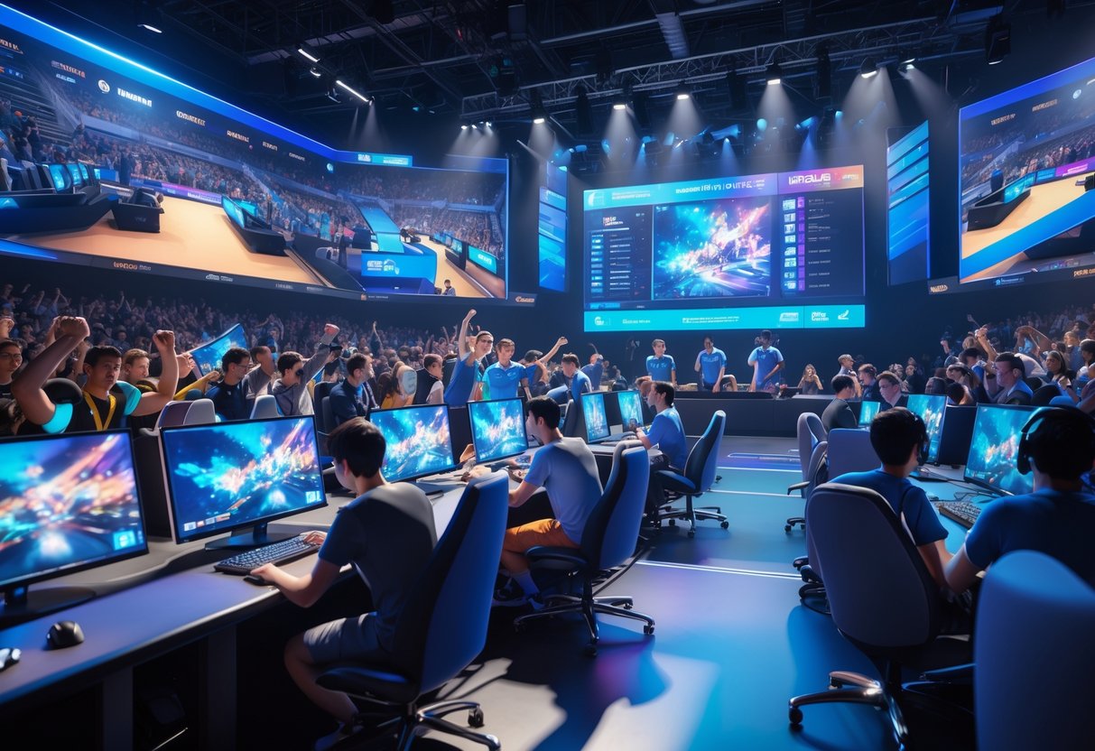 A busy esports tournament arena with players competing, spectators watching, and trophies displayed on stage.