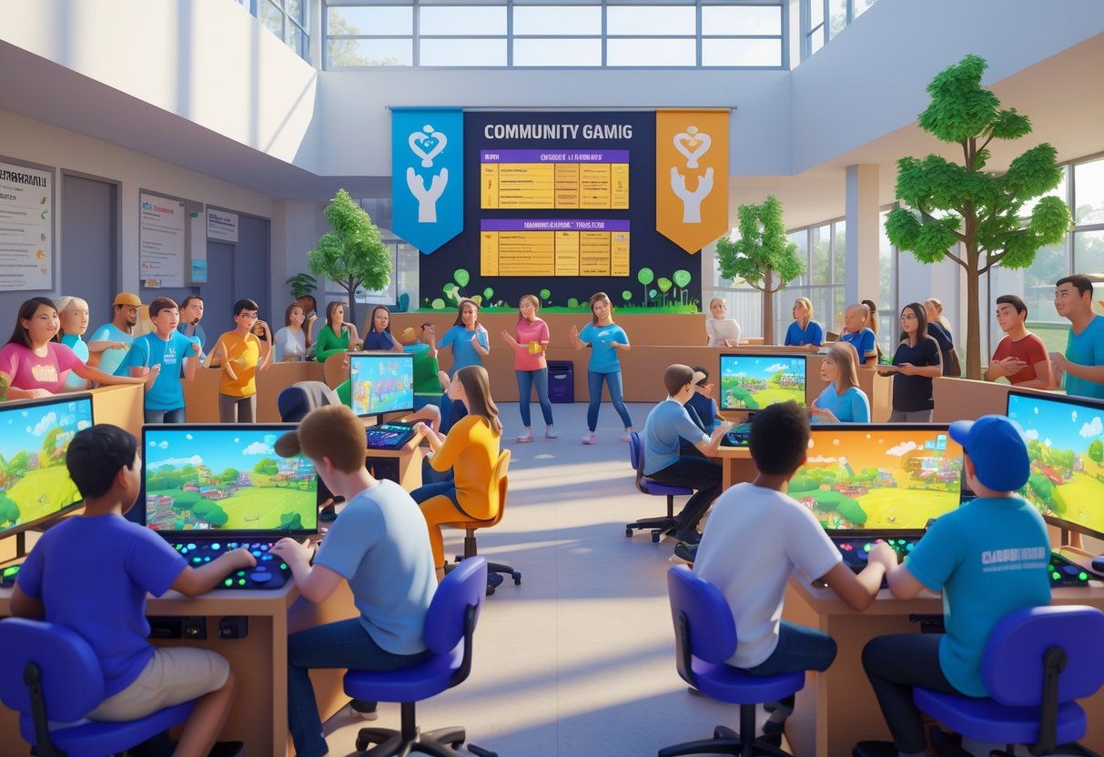 A lively community centre with people of all ages playing video games together, surrounded by decorations symbolising unity and growth, with spectators watching and cheering.