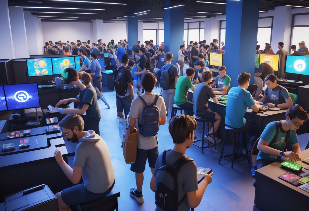 A busy indoor community gaming tournament with people playing video and board games, some showing frustration, volunteers organising, and a crowded space.