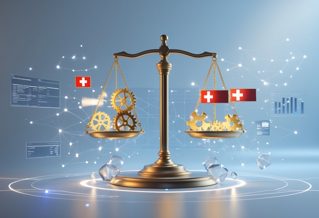 A balanced scale with golden gears and Swiss flags on one side and fragmented glass pieces on the other, surrounded by floating data charts and network lines.