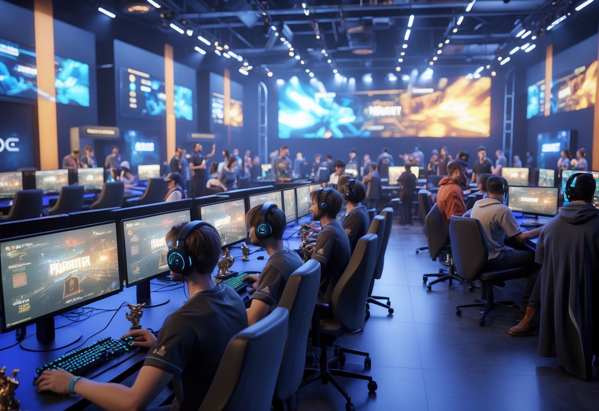 A busy esports arena with players at gaming stations and spectators watching, showing a lively community gaming tournament.