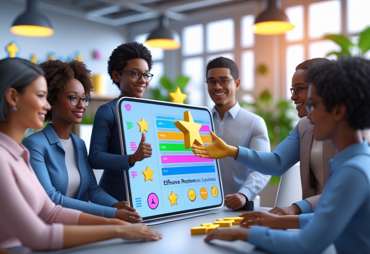 A group of colleagues in an office exchanging positive gestures and digital icons representing praise and feedback around a screen with colourful charts.