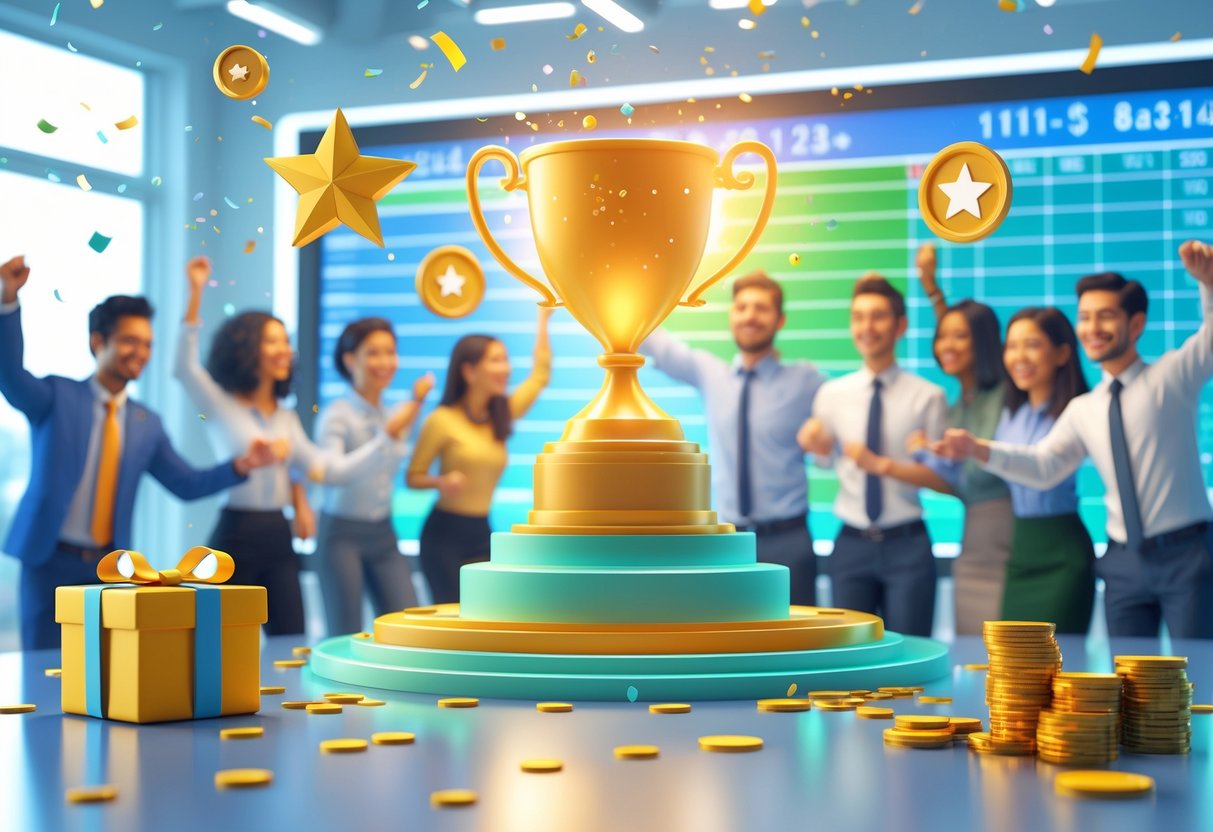 A group of people celebrating around a large trophy with icons of stars, gift boxes, badges, and coins floating nearby, in a bright office setting with a digital leaderboard in the background.