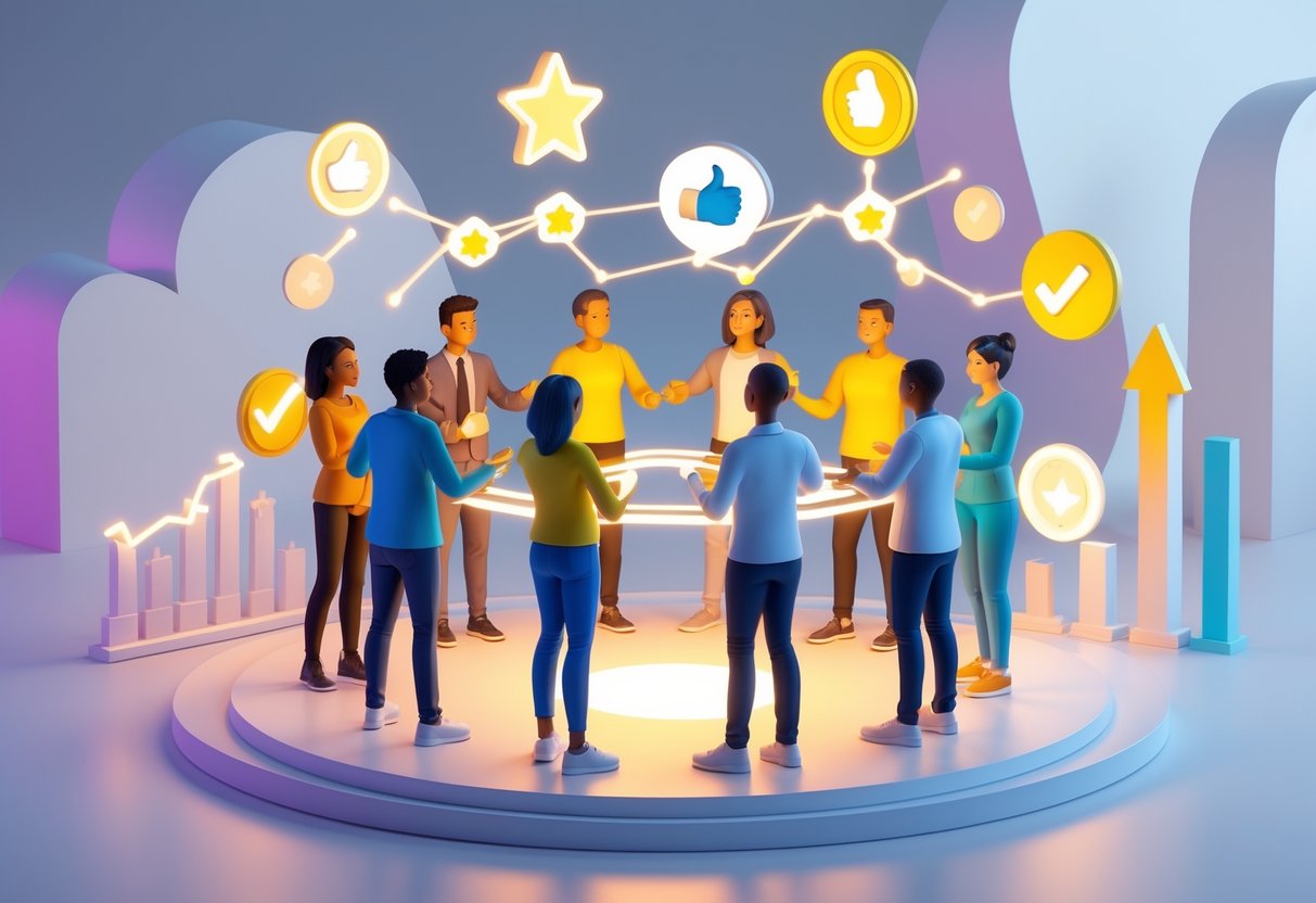 A group of people standing in a circle connected by glowing lines, with symbols of positive reinforcement like stars and thumbs-up floating above them, showing teamwork and mutual support.