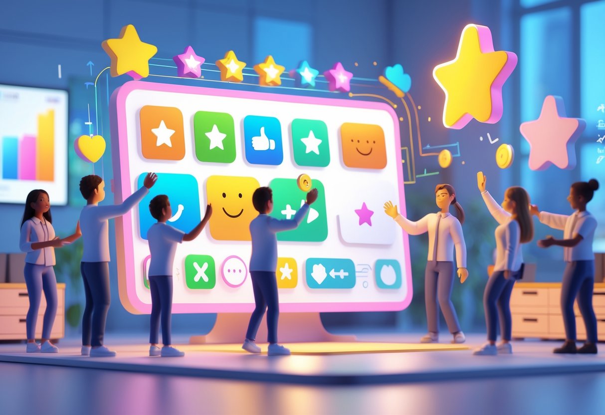 A bright room with people celebrating and receiving rewards, showing positive interactions and progress symbols.