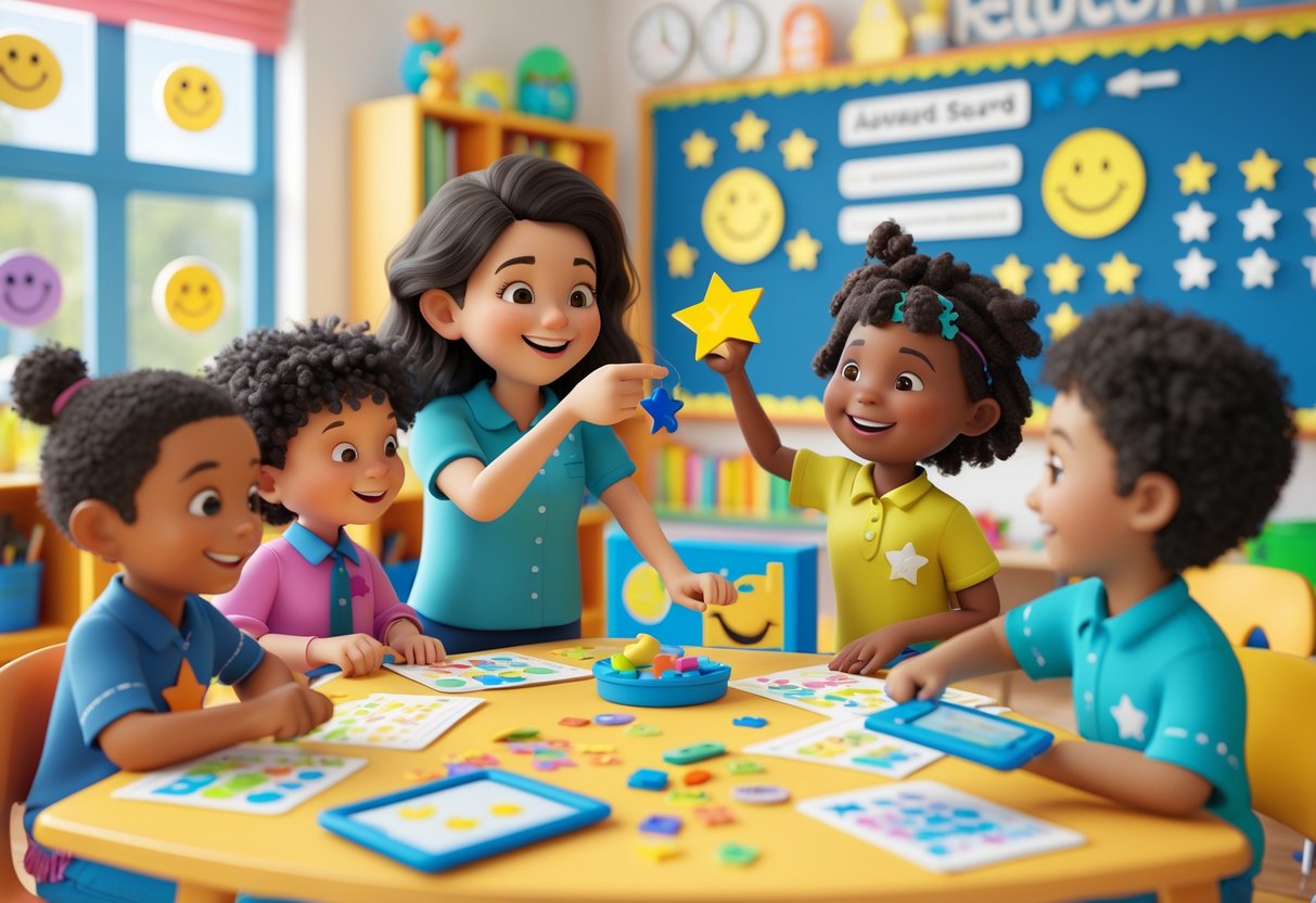 A special education classroom where a teacher gives a star sticker to a happy child, surrounded by visual reward charts and learning tools.