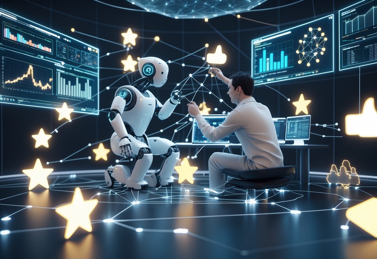A human researcher and a humanoid robot analysing holographic data displays in a futuristic control room, surrounded by glowing reward symbols and network diagrams.