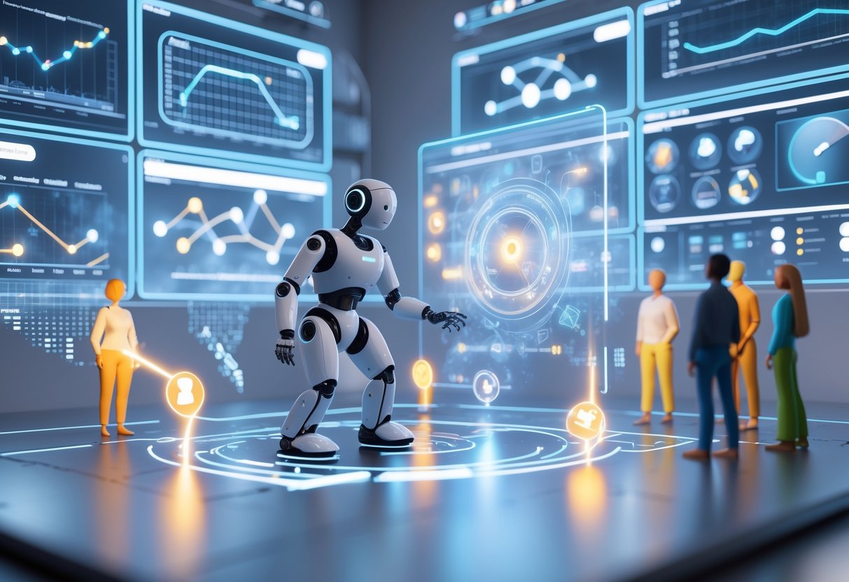 A futuristic control room with a robot using holographic screens to apply positive reinforcement, showing pathways through a maze and rewards reaching people.