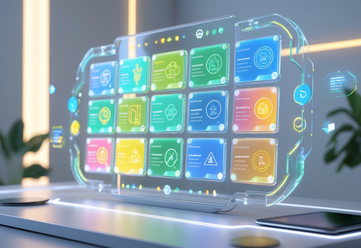 A 3D scene showing a futuristic digital display with multiple glowing panels featuring abstract icons related to rewards and motivation, set in a modern workspace with soft lighting.