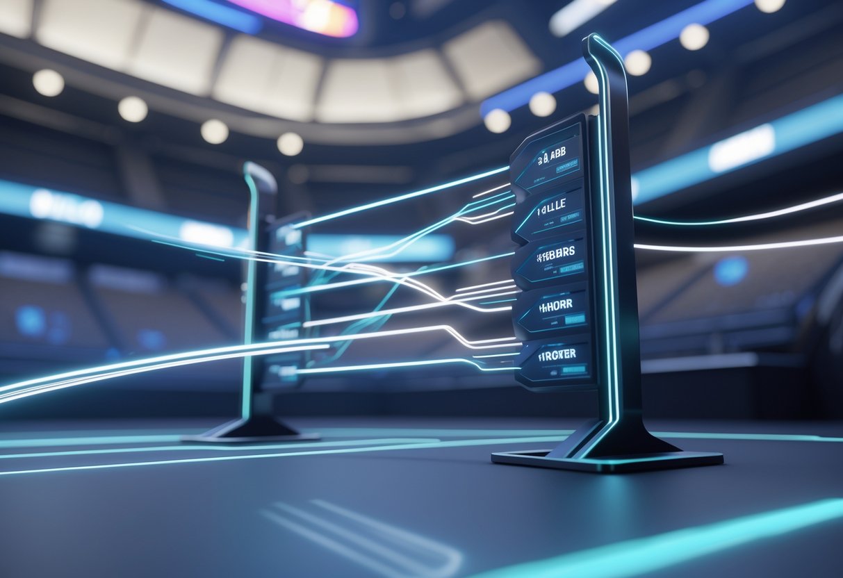 A 3D scene showing a fast-moving single elimination tournament bracket with glowing connections and a futuristic arena background.