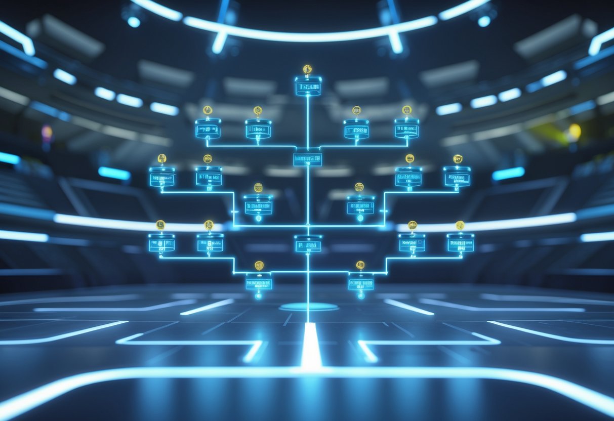 A 3D digital display of a single elimination tournament bracket showing connected nodes and lines representing competing players progressing through rounds in a clean, organised layout.