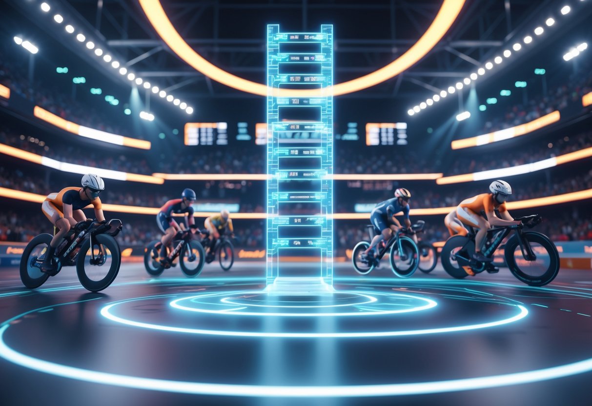 A futuristic sports arena showing athletes racing in a single elimination tournament with a glowing 3D bracket floating above the arena floor.