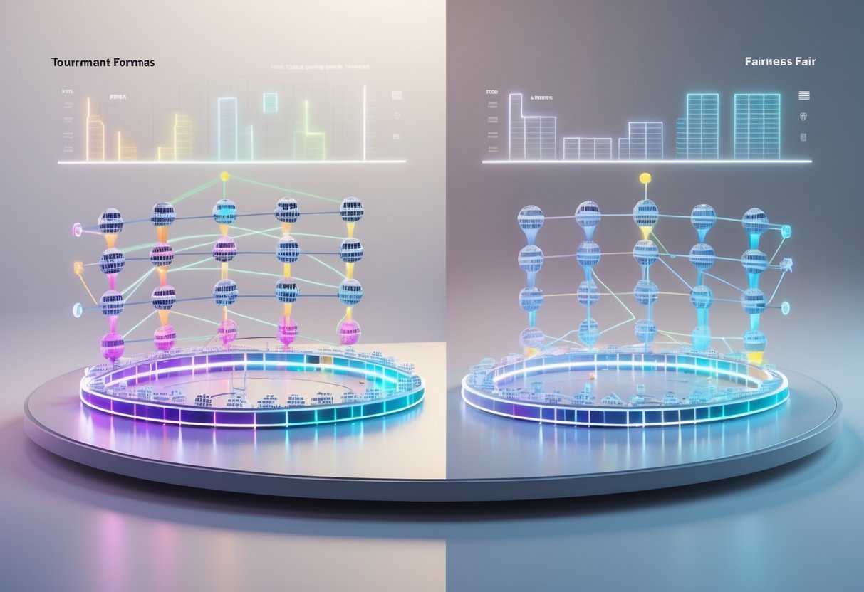 A 3D scene showing two tournament layouts side by side: a circular round robin format with evenly connected teams, and a knockout bracket with uneven match connections, illustrating a comparison of fairness.