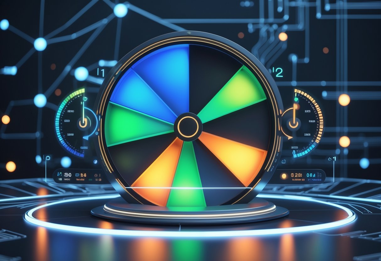 A 3D image of a glowing circular scheduler wheel divided into equal coloured segments with digital dials and holographic data streams in a dark high-tech environment.