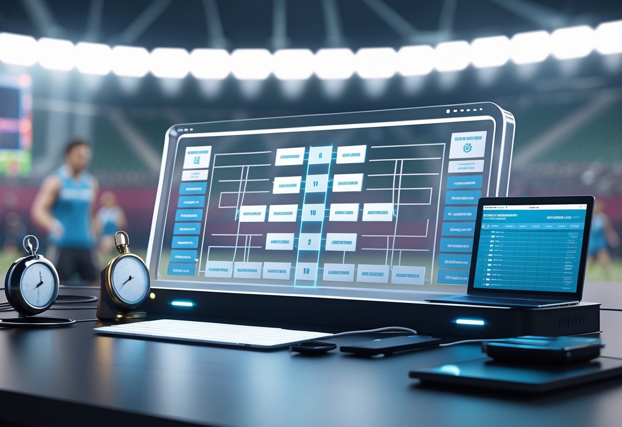 A 3D scene showing a digital tournament bracket on a touchscreen with timing devices and a laptop, set in a sports arena background.