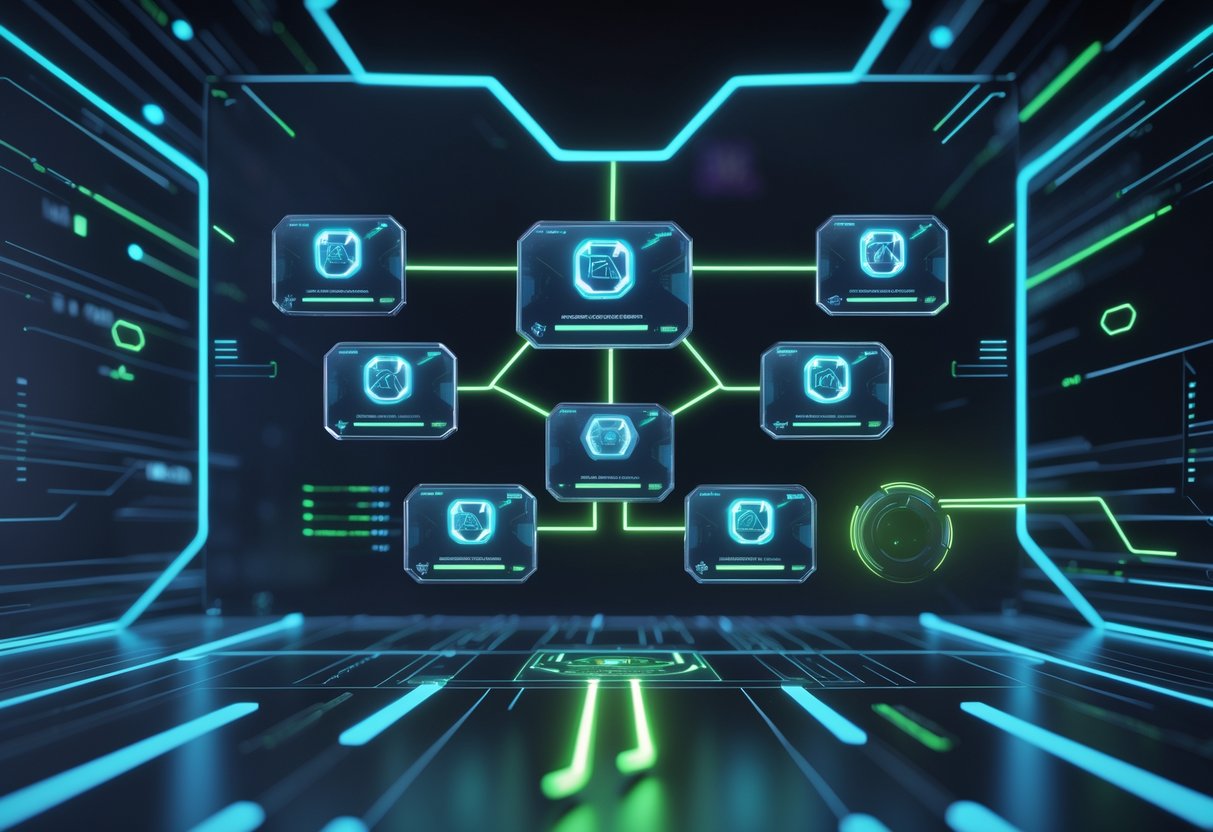 A 3D digital tournament bracket showing a single elimination competition with glowing connected nodes on a dark grid background.