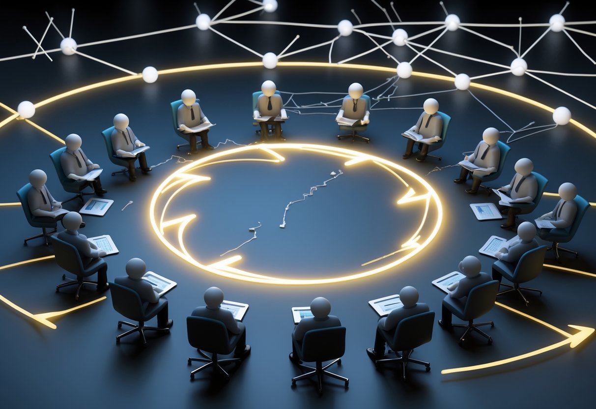 A circular table with figures seated evenly around it, some showing signs of frustration, with arrows rotating around the circle and abstract lines in the background indicating data flow and bottlenecks.