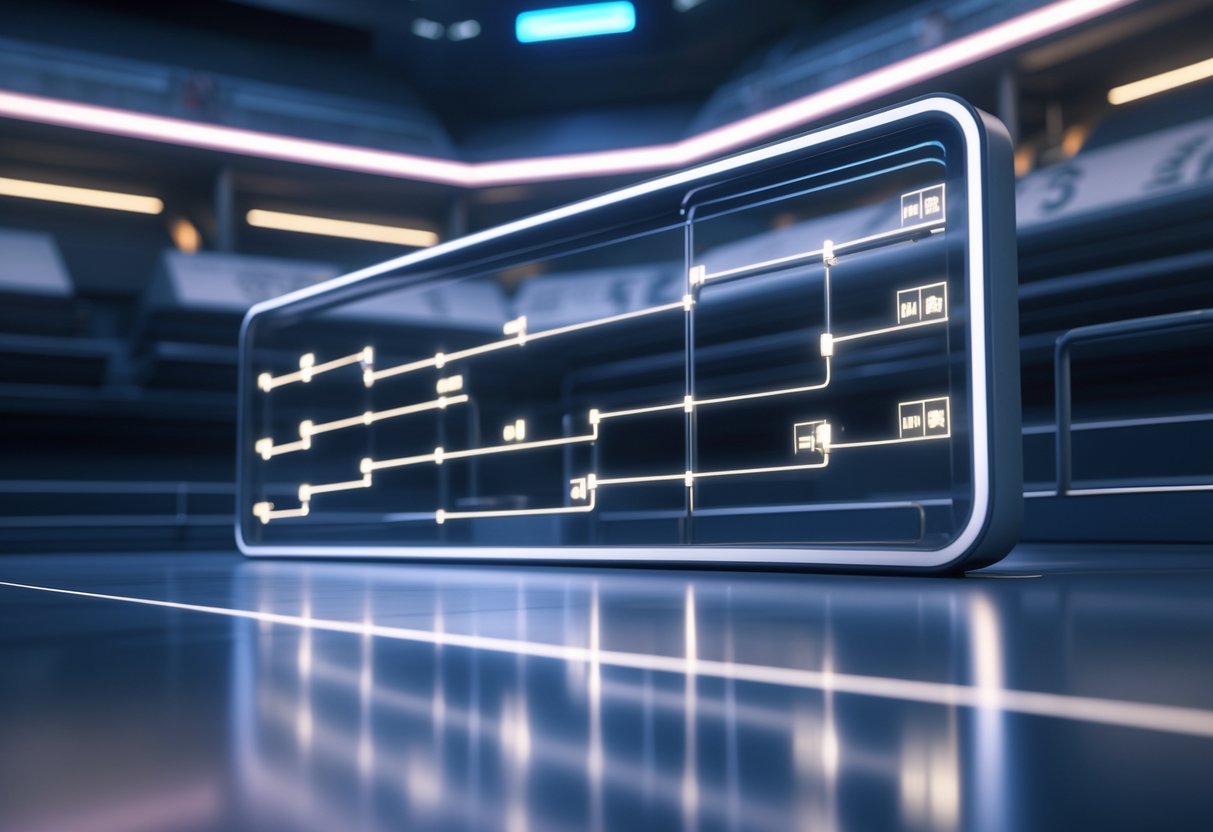 A 3D scene showing a digital single elimination tournament bracket with pairs of competitors progressing through rounds in a sports arena.