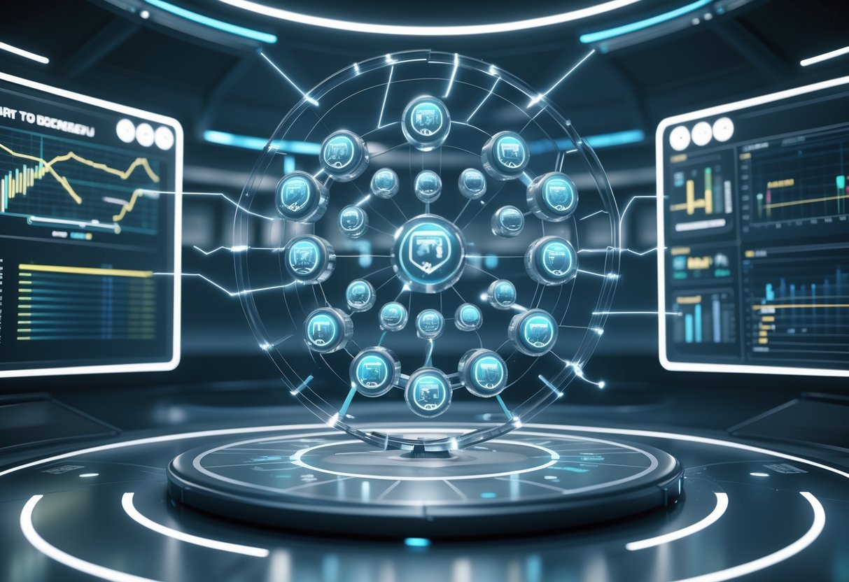 A futuristic 3D scene showing a floating circular tournament board with interconnected team icons and glowing lines, surrounded by transparent data panels in a high-tech control room.