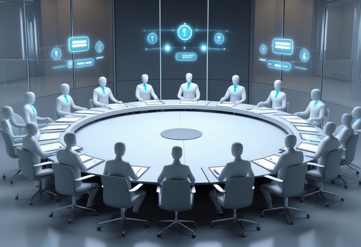 A circular table with diverse people seated evenly around it in a modern meeting room, symbolising fair and equal discussion.