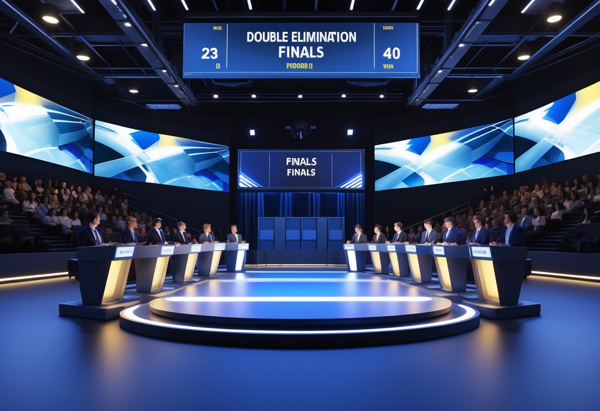 A debate championship final with two teams of three debaters each facing each other on stage in front of an attentive audience in a large auditorium.