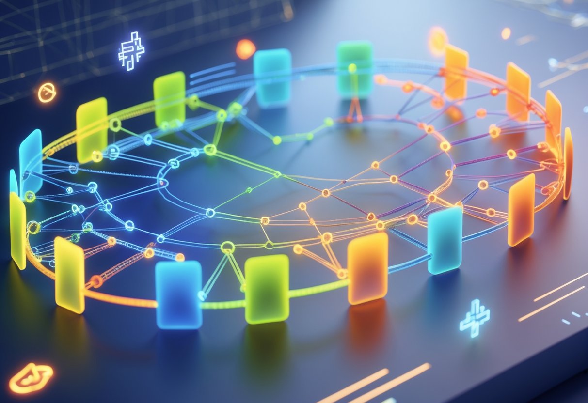 A 3D visualisation of two connected tournament brackets showing the progression of teams in a double elimination format with distinct winner and loser paths.
