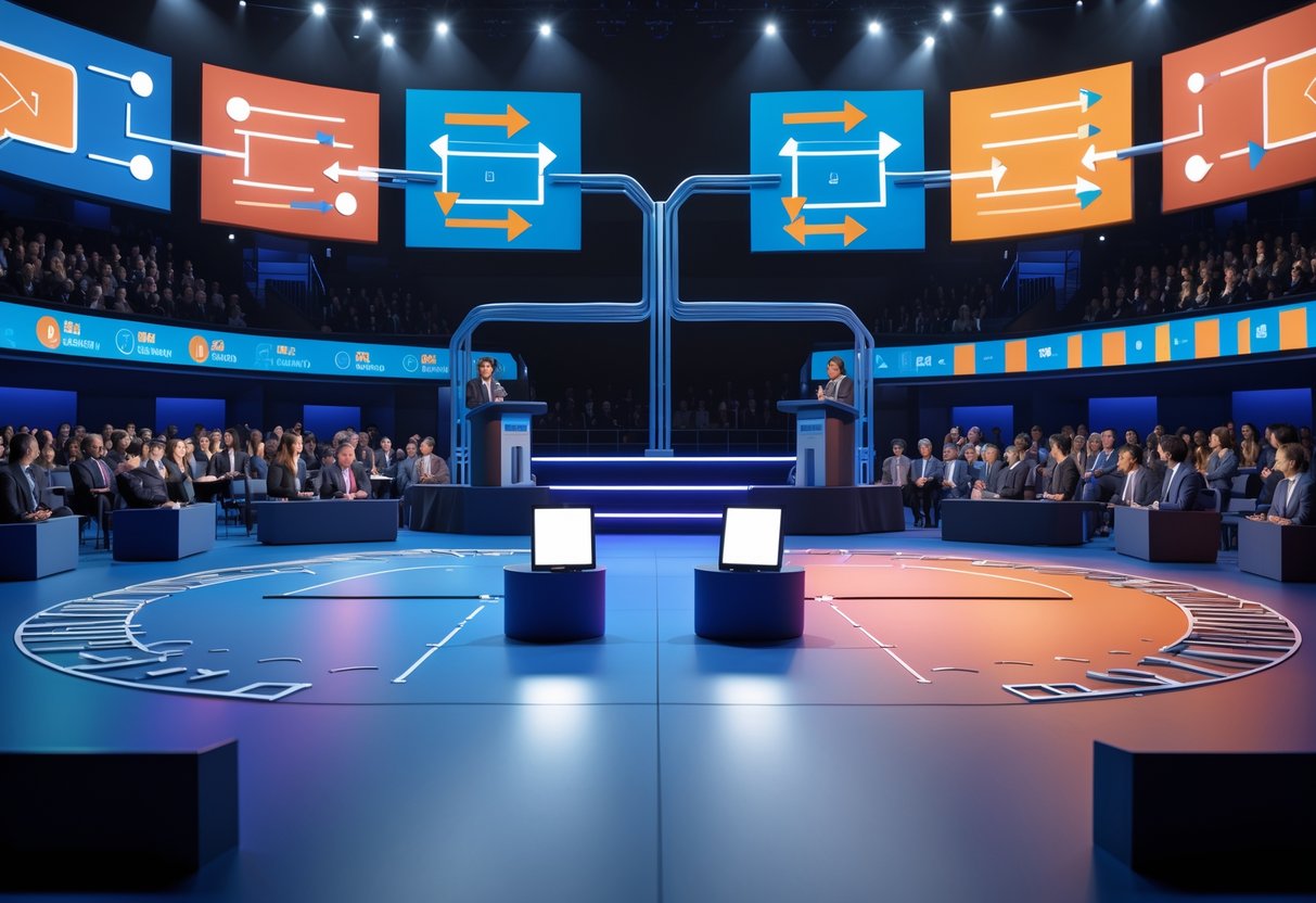 A debate tournament setup showing two different bracket systems side by side with a central debate stage and audience watching.