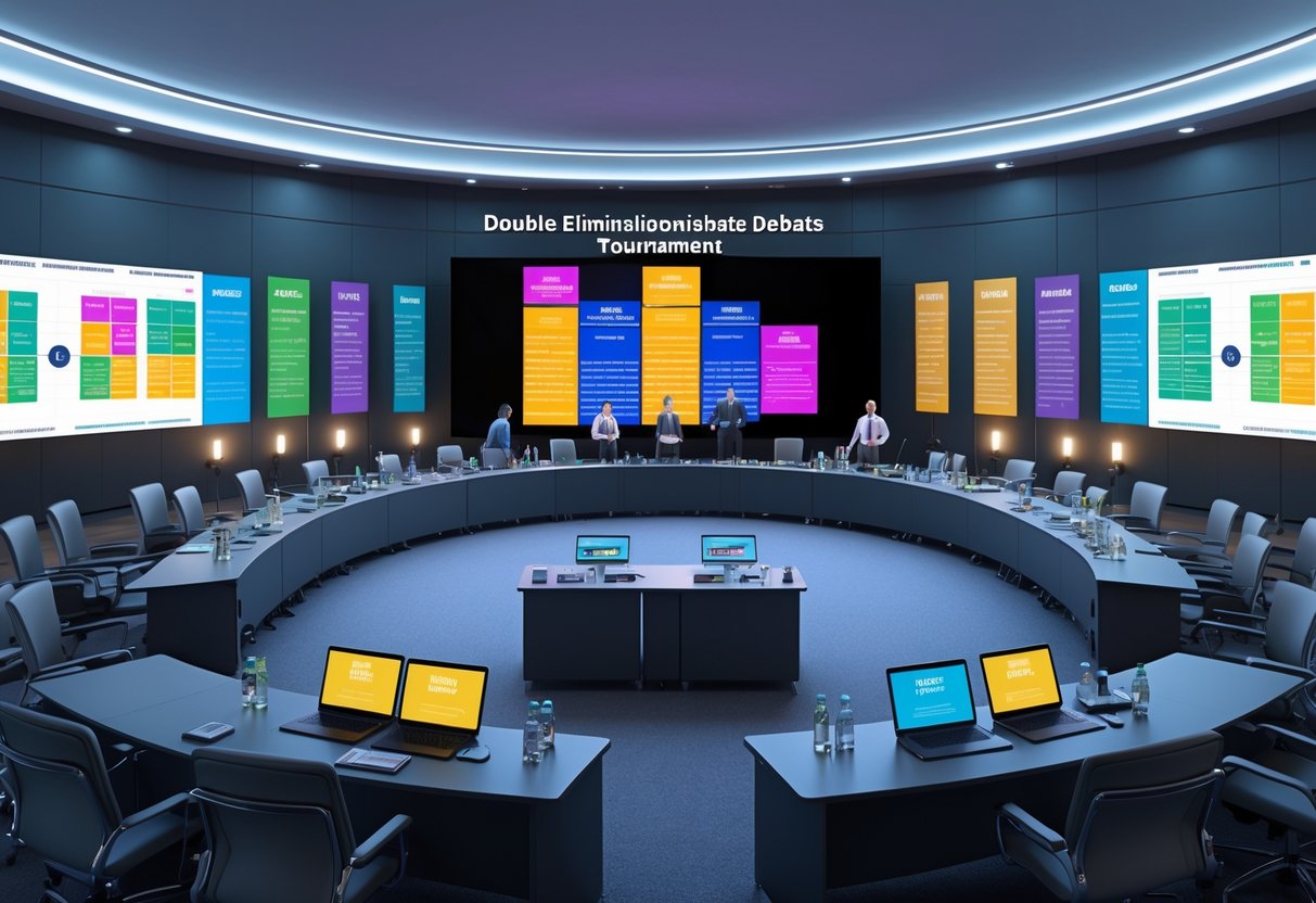 A conference room arranged for a double elimination debate tournament with podiums, chairs, digital screens showing tournament brackets, and people preparing for the event.