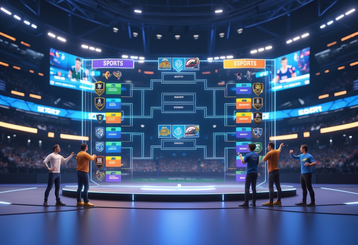 A 3D scene showing a double elimination tournament bracket hologram in a sports arena with athletes and esports players debating around it, surrounded by a cheering crowd.