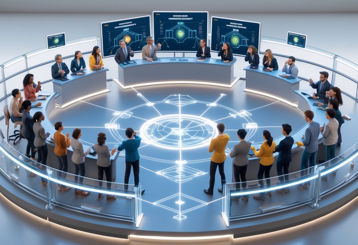 A 3D scene showing two groups of people debating in a circular arena with a digital double elimination bracket displayed between them, surrounded by floating holographic screens.