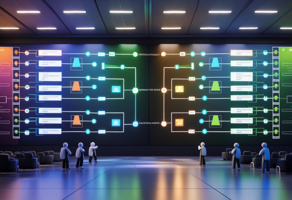 A 3D scene showing two parallel tournament brackets with abstract figures debating at various stages in a modern conference room.