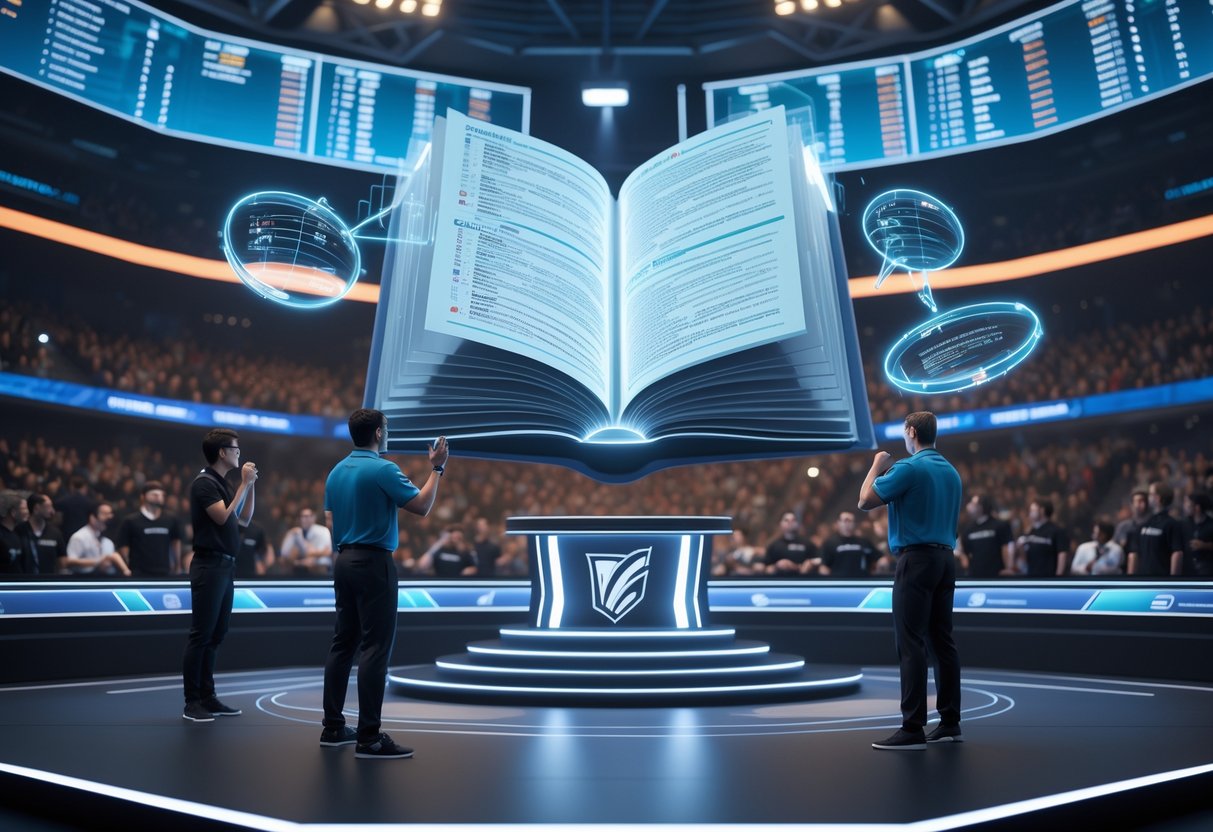 A tense esports tournament stage with two teams facing each other, a glowing rulebook floating above a podium, and referees debating while a crowd watches.