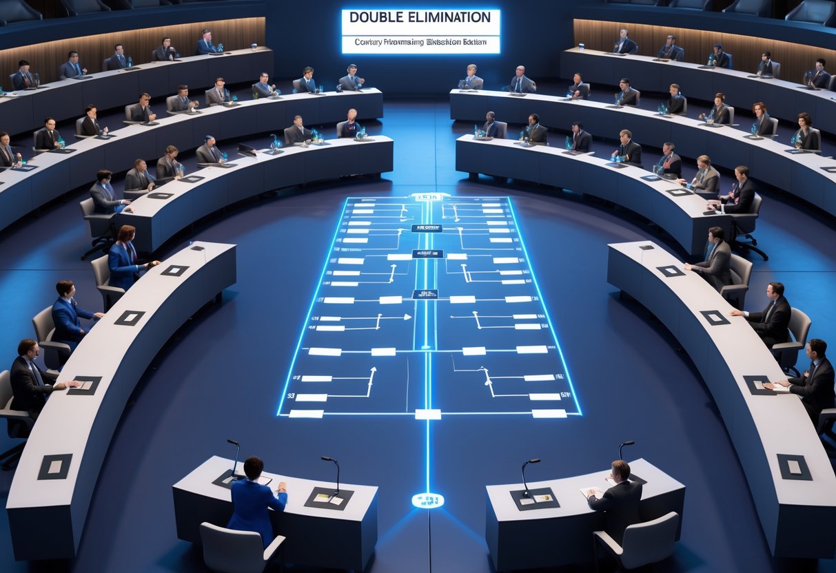 A large conference room with tables arranged for a double elimination debate tournament, showing teams facing each other and a digital bracket display above.