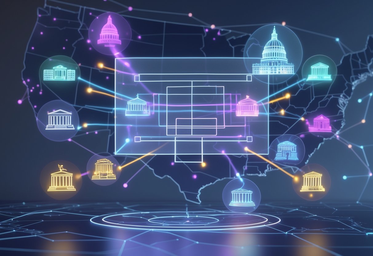 A 3D scene showing a digital bracket chart over a US map with highlighted states and icons representing political and social responses.
