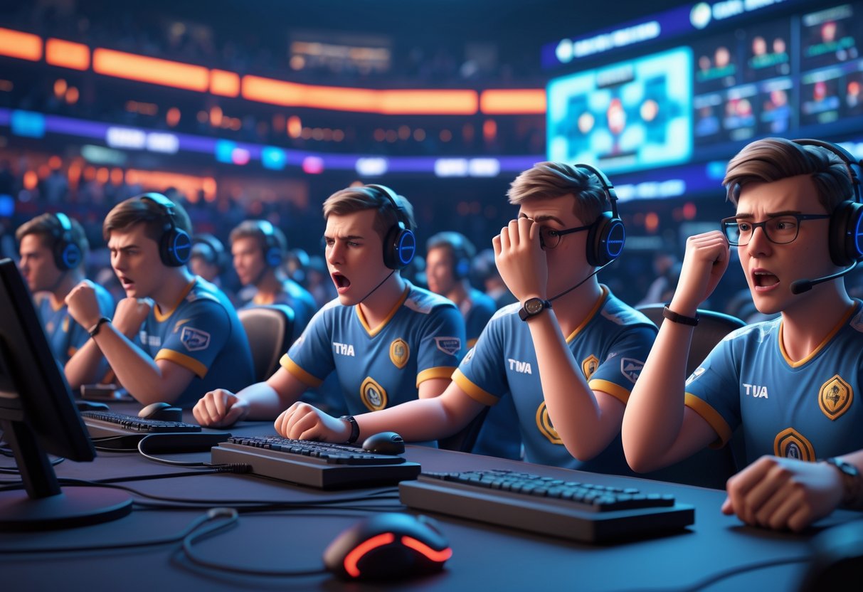 Group of esports coaches and players showing frustrated and shocked reactions in a tournament setting after a bracket reset controversy.