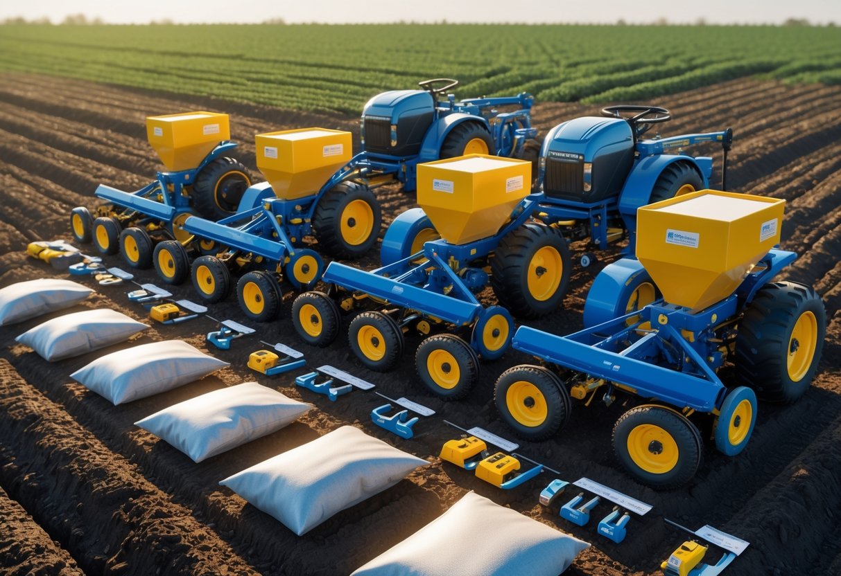 A farm field with various seeding machines and equipment arranged on freshly tilled soil, ready for planting.