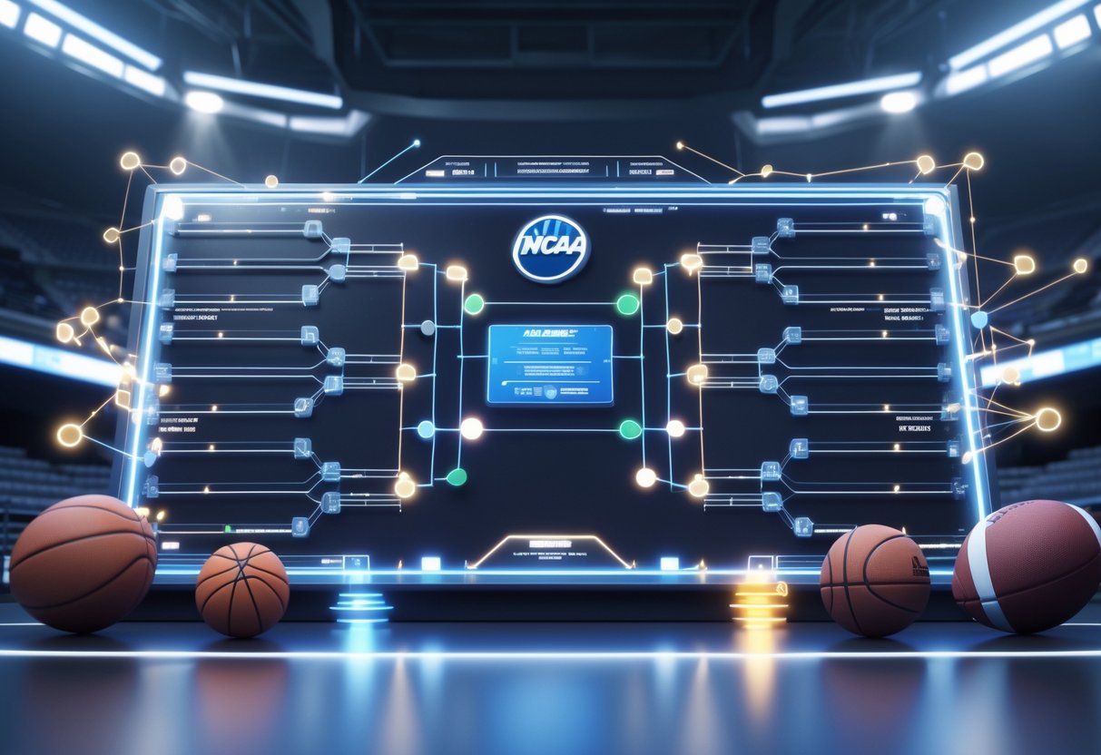 A 3D scene showing a sports tournament bracket with glowing connections and sports elements like basketballs and footballs in a futuristic arena.