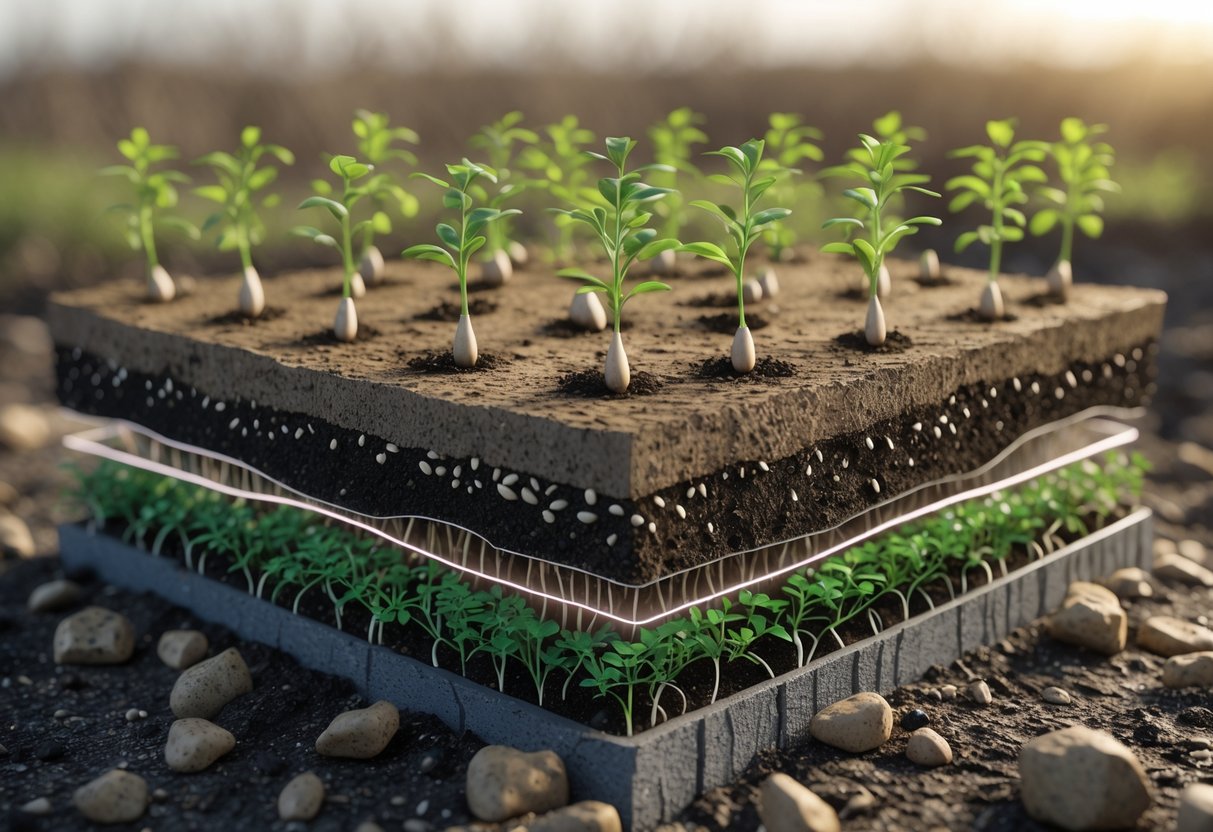 Cross-sectional view of soil showing seeds planted at different depths with young seedlings growing above ground spaced evenly apart.