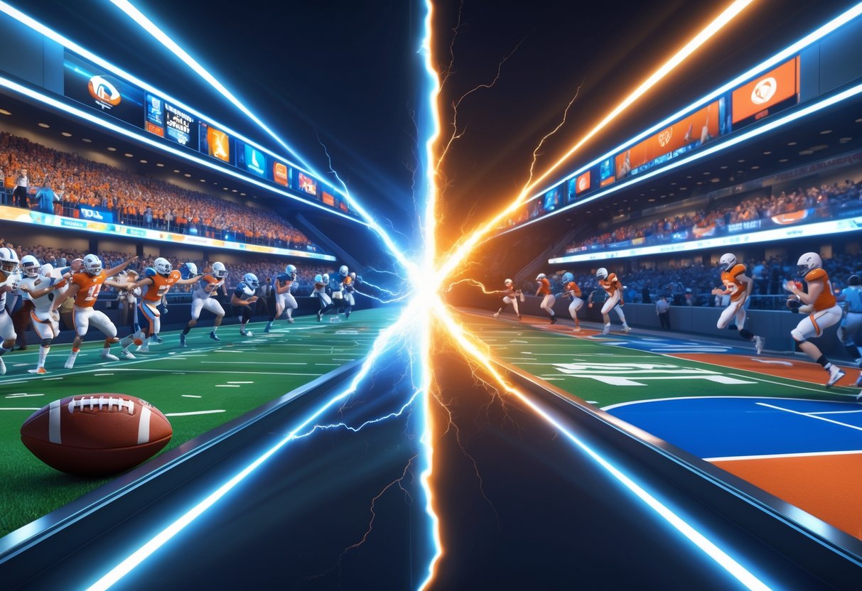 A 3D scene showing a split sports bracket with college football on one side and other sports on the other, separated by a glowing crack symbolising controversy.