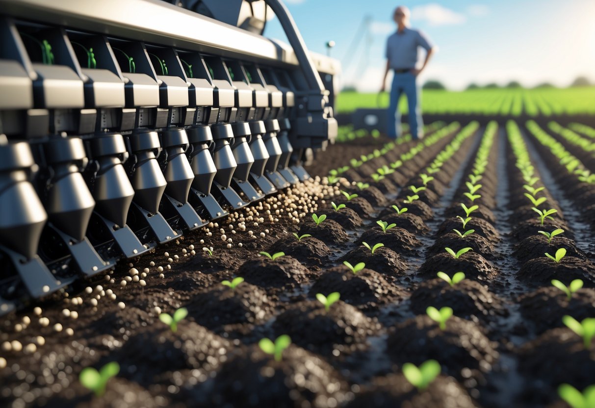 Close-up of a machine planting small seeds into soil with young seedlings growing in neat rows in a green field under a clear sky.