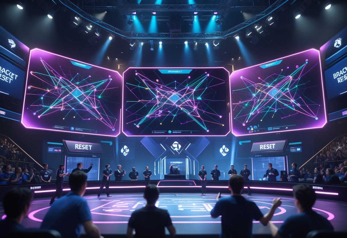 A crowded esports tournament stage with large digital screens showing complex tournament brackets and players discussing intensely, surrounded by a lively audience.