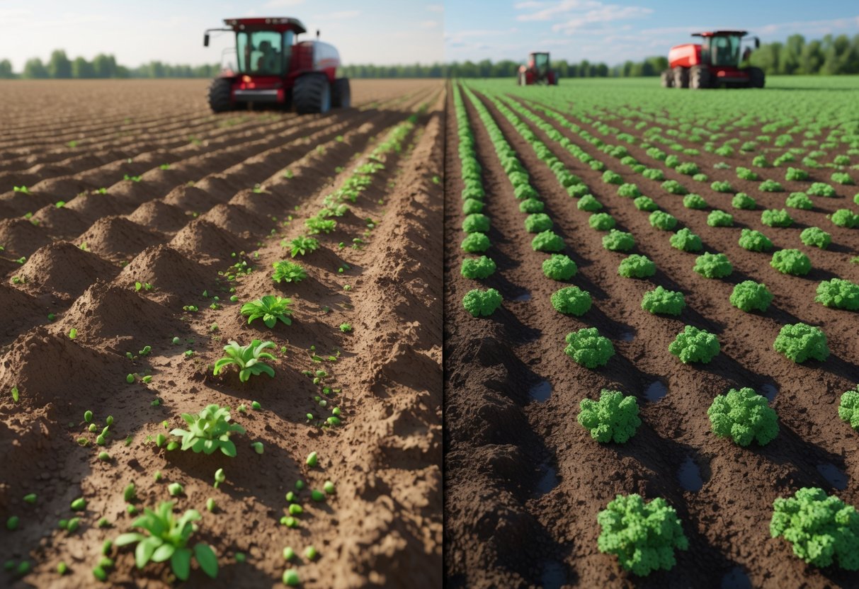 A side-by-side view of two farming fields showing direct seeding with a machine planting seeds into slightly disturbed soil and no-till farming with seeds placed into undisturbed soil covered by crop residue.
