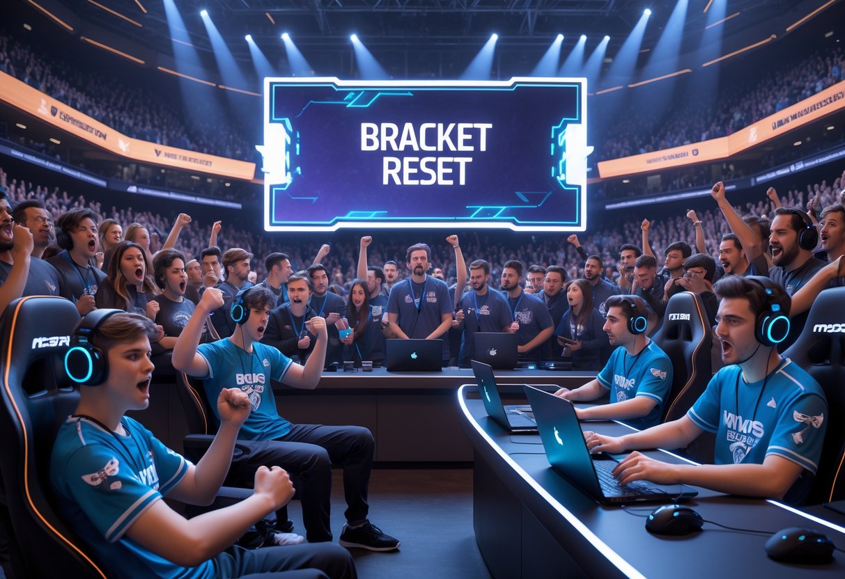 A 3D scene of an esports arena showing players, fans, and commentators reacting emotionally to a bracket reset event.