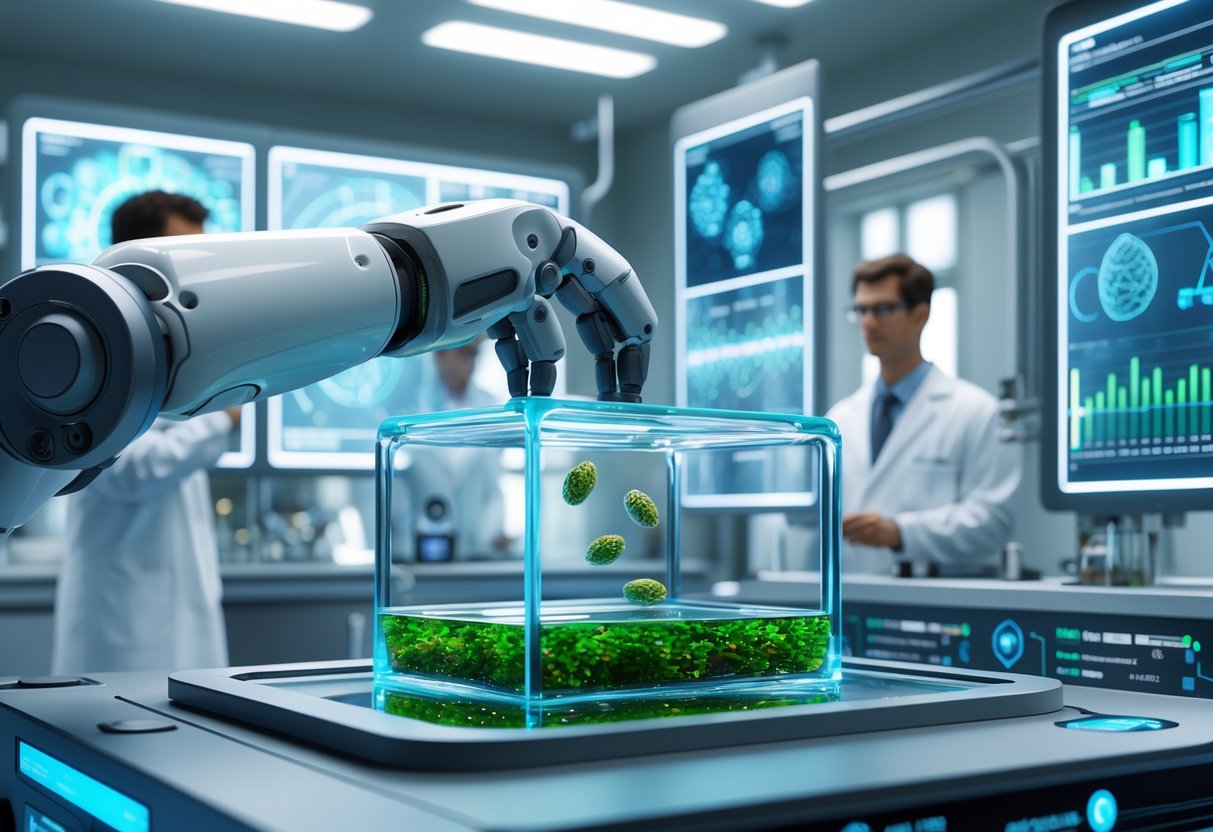 A laboratory scene showing a robotic arm placing seed capsules into a growth chamber while researchers monitor data on digital screens.
