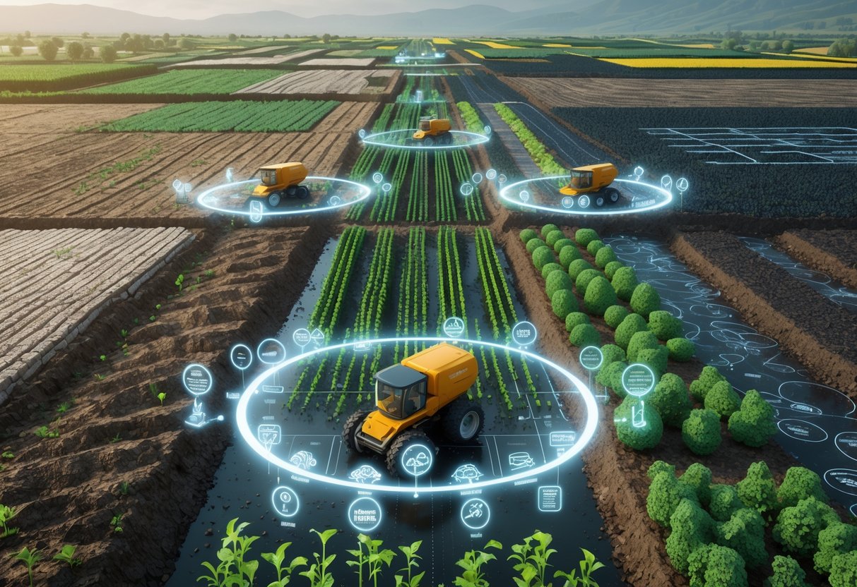 A 3D scene showing different farming zones with specialised seeding machines planting seeds adapted to various environmental conditions like dry, temperate, and wet areas.