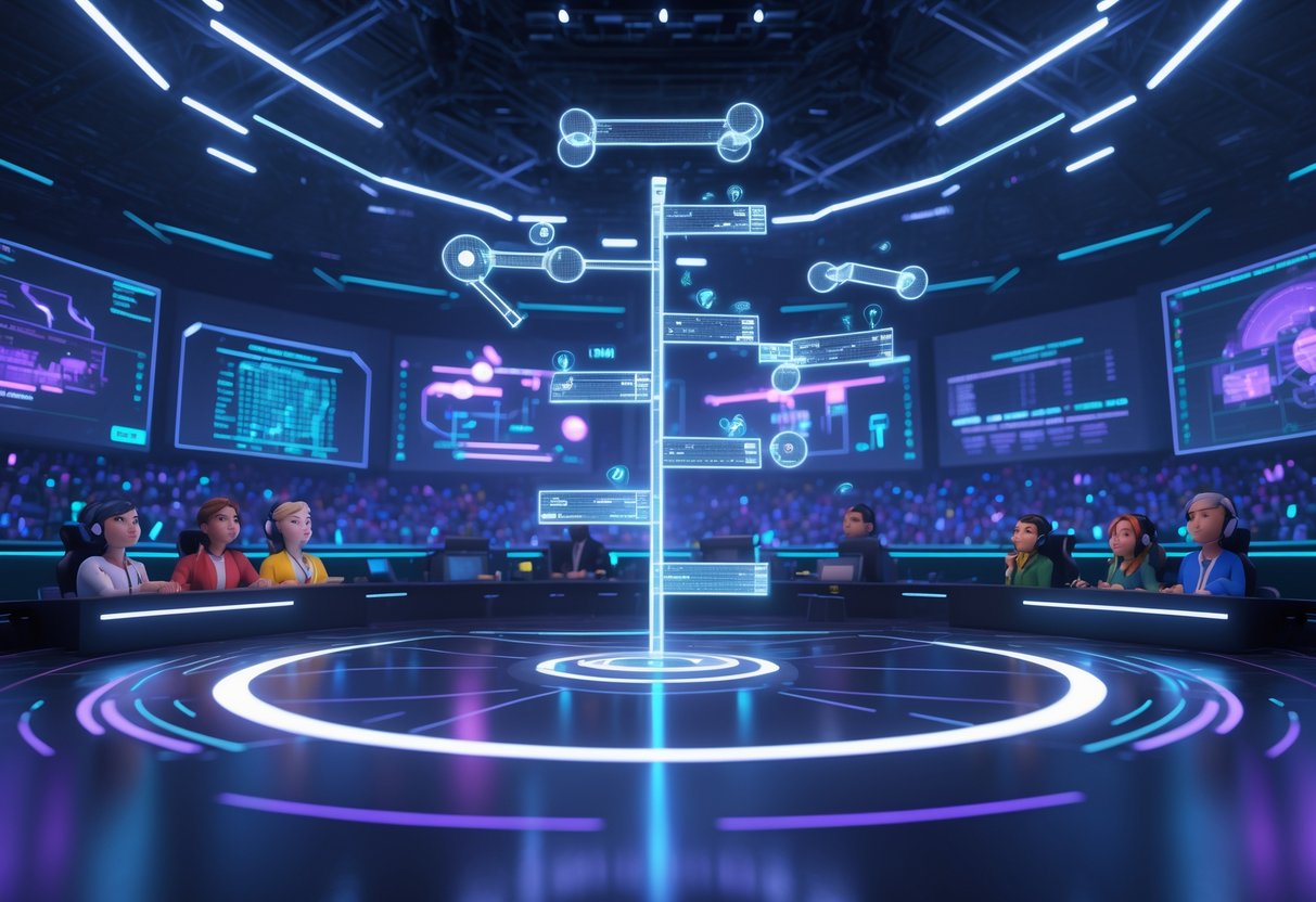 A futuristic esports arena with a glowing bracket tree floating in the centre and animated player avatars showing mixed emotions, surrounded by a dynamic crowd and digital displays.