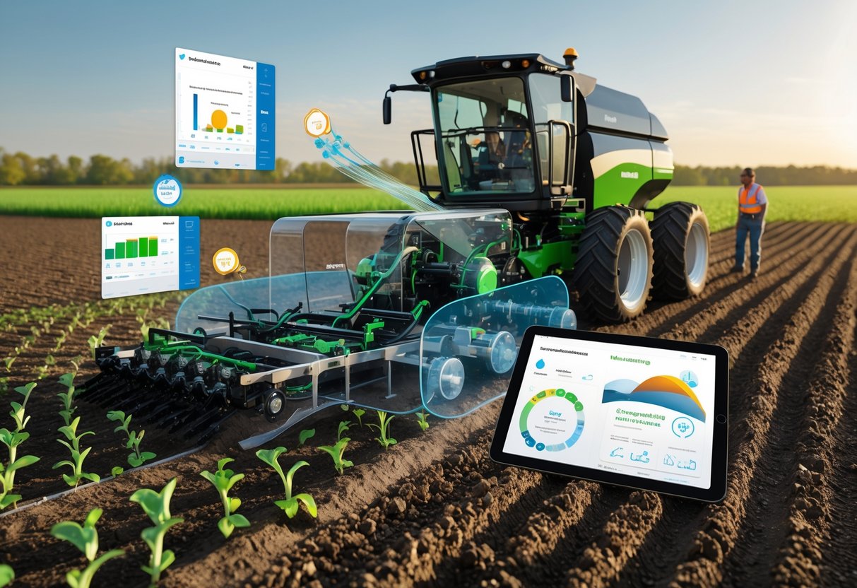A 3D scene of a seed drill machine working in a field with parts of the machine shown in cutaway, a farmer observing, and digital data displays highlighting seeding issues.