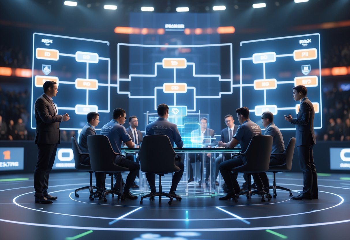 A group of organisers and officials discussing a digital tournament bracket on a stage with a large screen and a modern arena background.