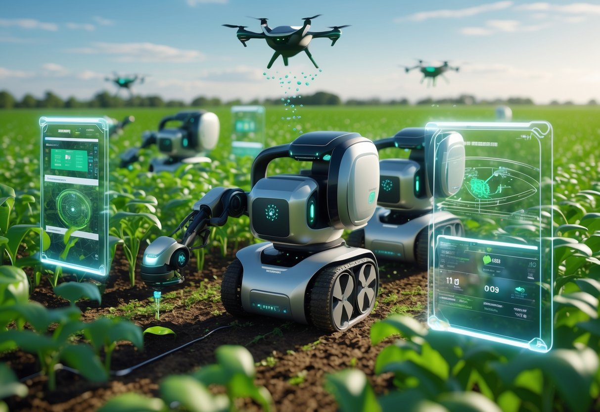 A futuristic agricultural field with autonomous robots planting seeds and drones flying overhead, surrounded by digital holographic displays.